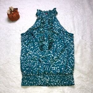 Teal button and ruffle front blouse